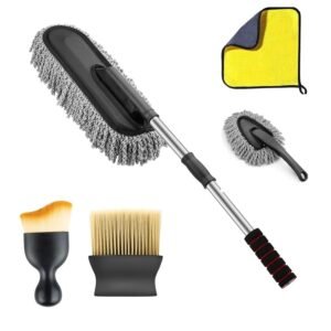 ORJILO 4 PCS Microfiber Car Duster Kit Interior & Exterior Car Cleaning Detailing Tool Scratch & Lint Free, Pollen Removing Extendable Long Handle Duster for Car & Motorcycle car (Car Duster Kit)