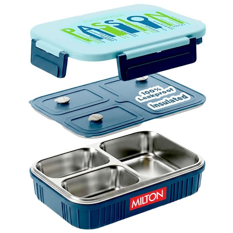 MILTON Meal Safe 3 Inner Stainless Steel Tiffin Box,Lunch Box for Kids Boys, Girls with Snap Lock Lid, 630 ml, Dark Blue