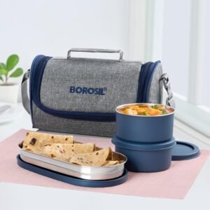 Borosil Carrymore Microwavable Stainless Steel Lunchbox with Bag | 3pc Container Set