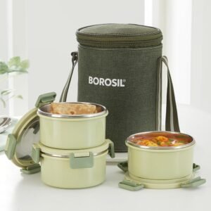 Borosil Glory Green Stainless Steel Lunchbox with Bag | 3 pcs Container Set (280 ml Each)