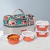 Borosil Kube Pink Universal Lunchbox | 320ml x 2 Square + 240ml x 2 Round Glass Container with Bag