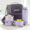 Borosil Glory Lavender Stainless Steel Lunchbox with Bag | 3 pcs Set (280ml Each) + 1 (600ml) Bottle