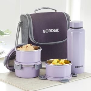 Borosil Glory Lavender Stainless Steel Lunchbox with Bag | 3 pcs Set (280ml Each) + 1 (600ml) Bottle