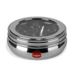 Sumeet Stainless Steel Belly Shape Masala (Spice) Box With See Through Lid With 7 Containers And Small Spoon (Small), Beige