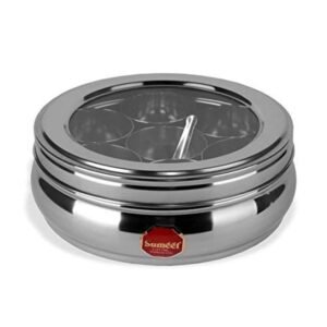 Sumeet Stainless Steel Belly Shape Masala (Spice) Box With See Through Lid With 7 Containers And Small Spoon (Small), Beige