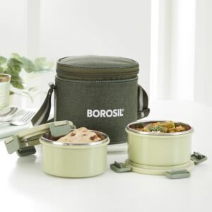 Borosil Glory Green Stainless Steel Lunch Box with Bag | 2 pcs Container Set (280 ml Each)
