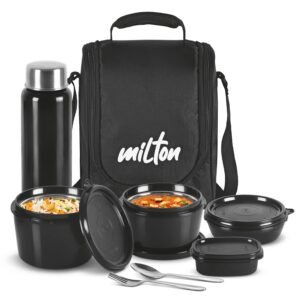 MILTON Pro Lunch Box with Steel Cutlery, 3 Microwave Safe Inner Steel Containers (180ml, 320ml, 450ml) Plastic Chutney Dabba 100ml, Bottle 750ml with Insulated Bag, Black